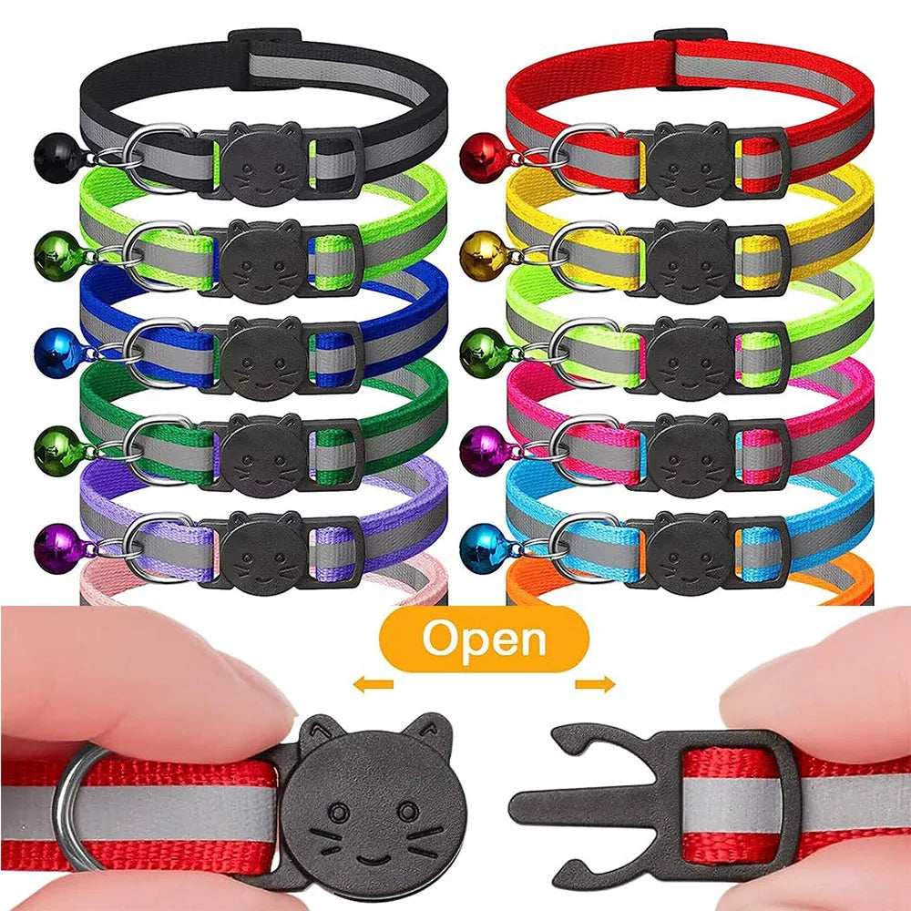 Collares reflectantes de liberación rápida para gatos con campanas, hebilla de seguridad, collar ajustable para gatitos, gatos hembra, gatos macho, accesorios para mascotas