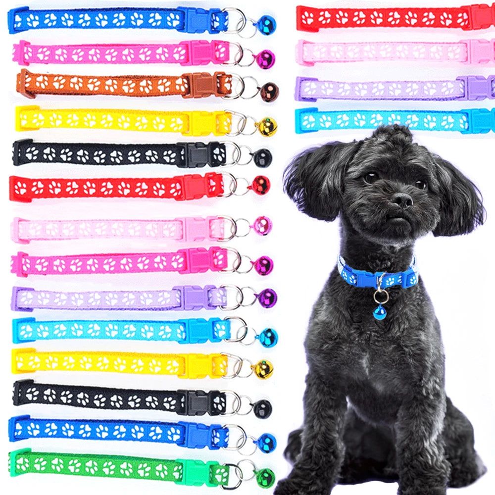Collar para mascotas con campana, huella de dibujos animados, colorido, para perro, cachorro, gatito, collar ajustable de seguridad con timbre, accesorios para mascotas